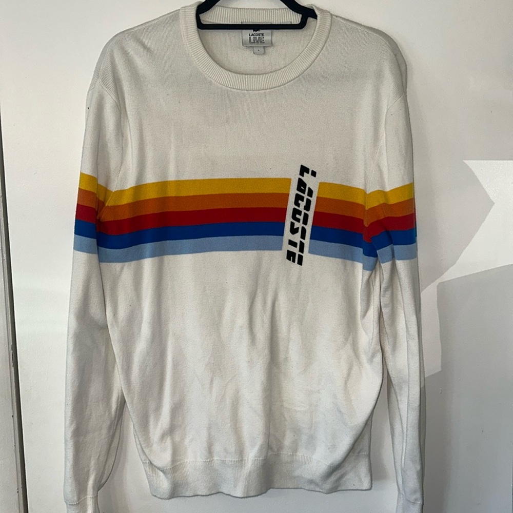 Lacoste White Crewneck Sweater with Multicolor Stripes